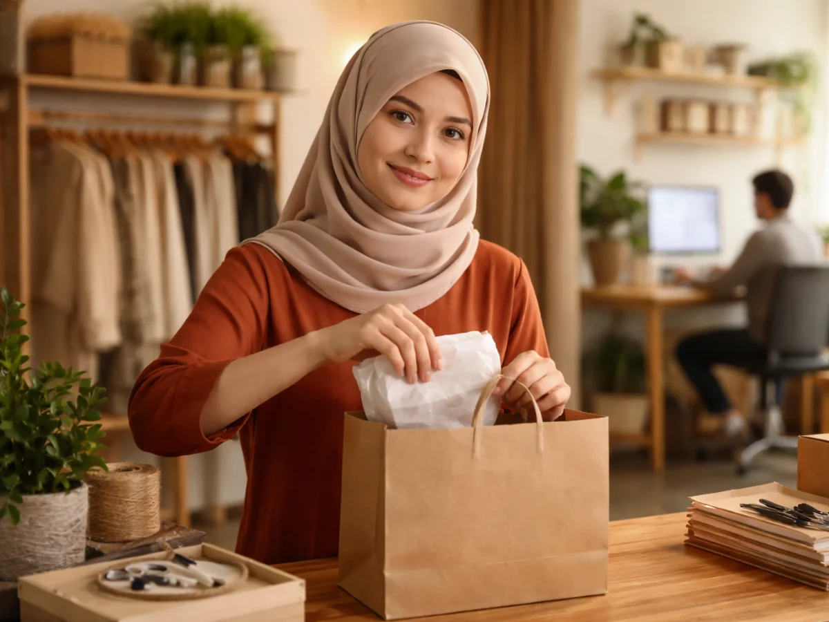 Pemilik toko berhijab tenang menyiapkan pesanan pembeli sementara tim IT remote menjaga teknisnya