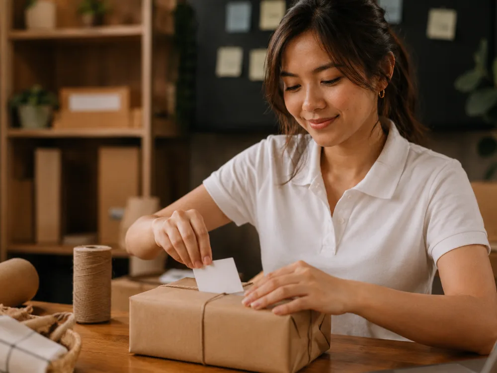 Tangan pemilik UMKM menyelipkan kartu voucher QR ke dalam paket kiriman