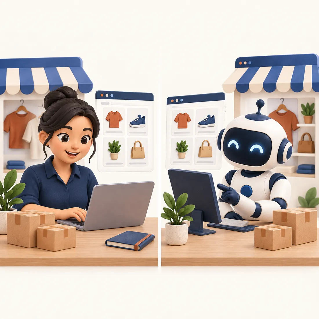 Dua cara mengelola toko: pemilik memakai dashboard di kiri, bantuan robot AI opsional di kanan